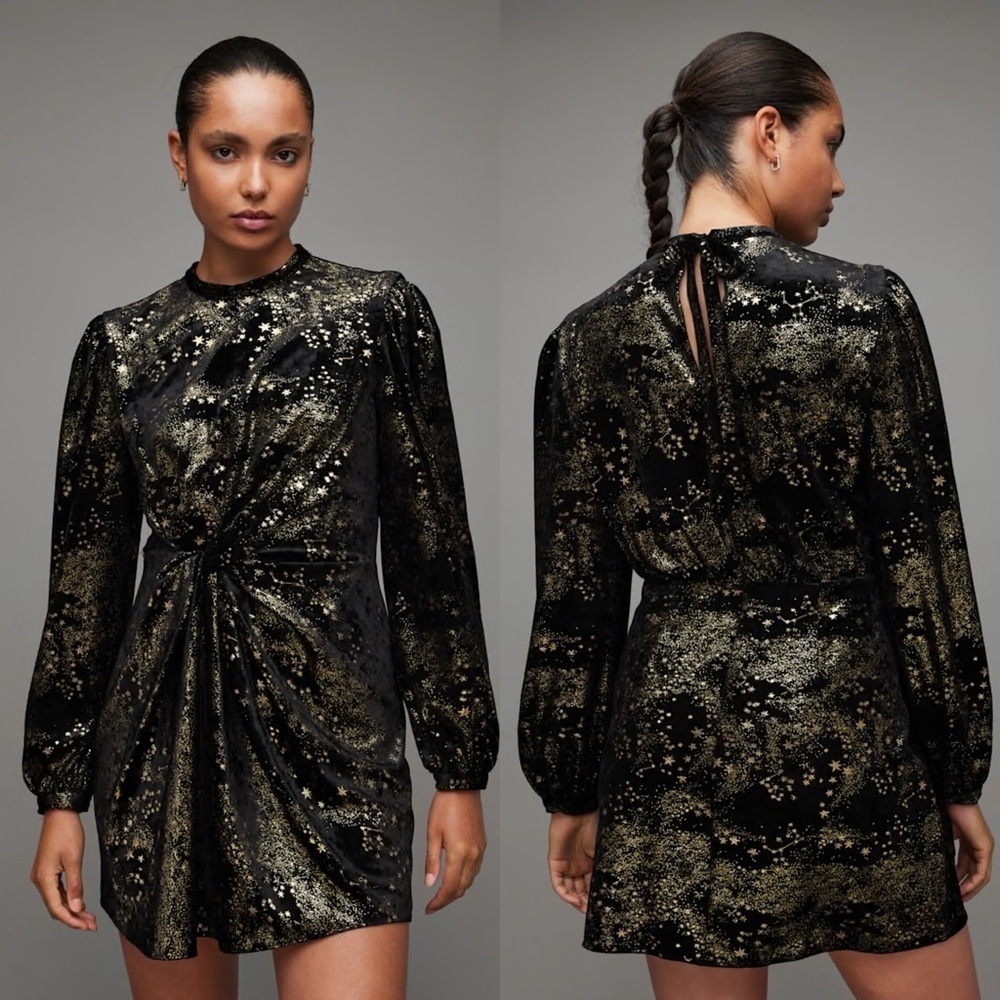 AllSaints Jemima Star Printed Velvet Knot Mini Dress Sz 2 Black Gold celestial